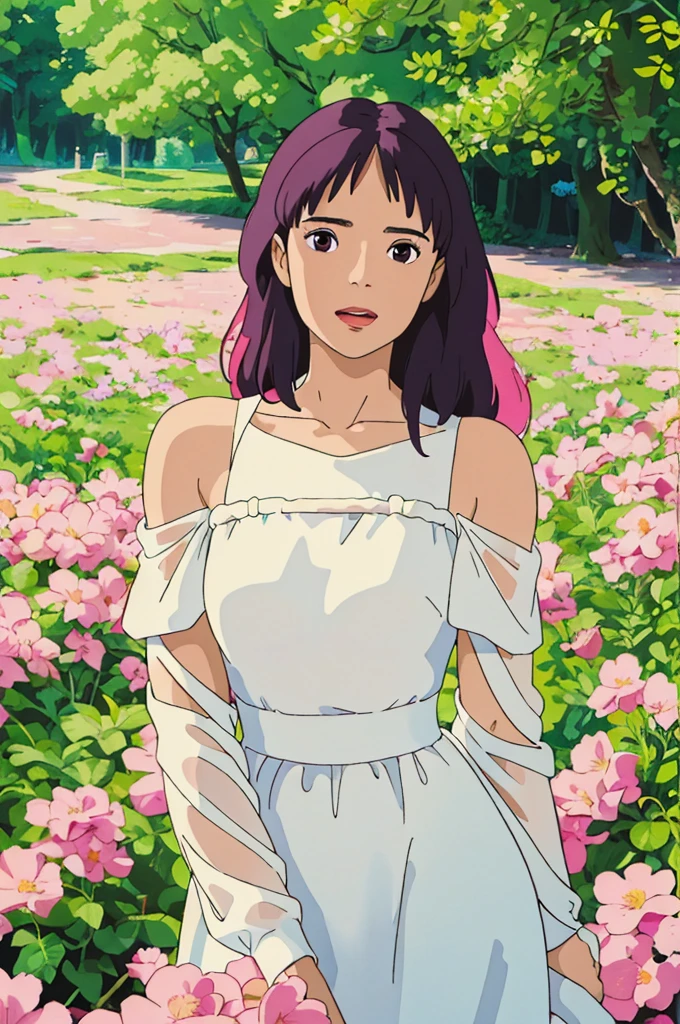 A woman in a white dress poses for a photo, Beautiful Latin face, Ghibli style, ((masterpiece)),((best quality)),(detailed),illustration,8K,rich and colorful, High contrast