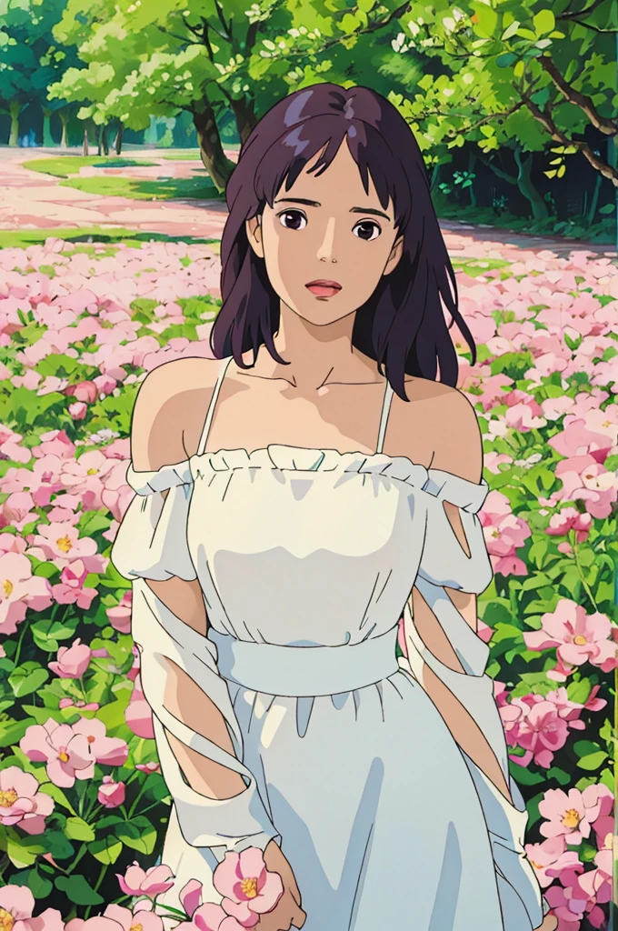 A woman in a white dress poses for a photo, Beautiful Latin face, Ghibli style, ((masterpiece)),((best quality)),(detailed),illustration,8K,rich and colorful, High contrast