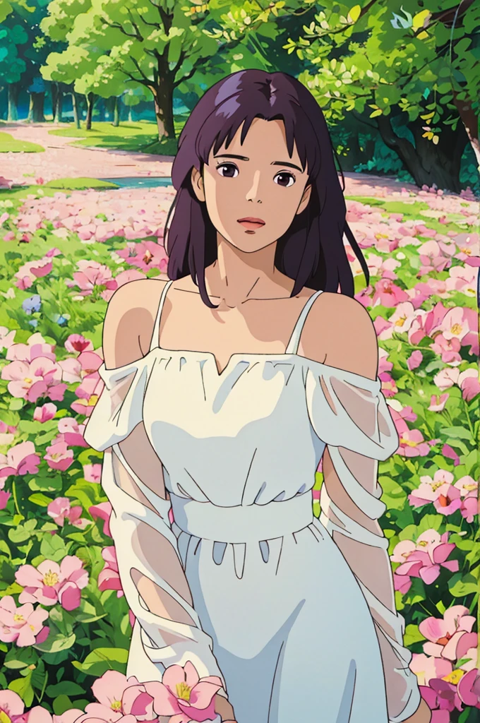 A woman in a white dress poses for a photo, Beautiful Latin face, Ghibli style, ((masterpiece)),((best quality)),(detailed),illustration,8K,rich and colorful, High contrast