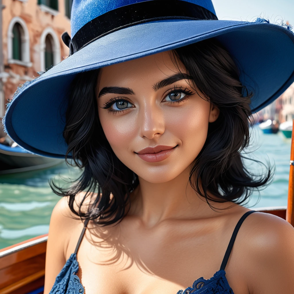 ultra detailed masterpiece, Italian woman, mid-length black hair, black eyes, intense and seductive gaze, shy smile, small fluff of mustache, wears a blue hat, on a boat in Venice
