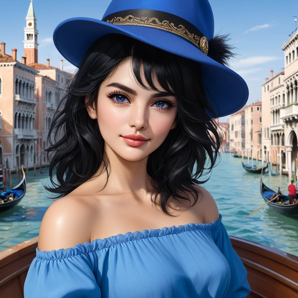 ultra detailed masterpiece, Italian woman, mid-length black hair, black eyes, intense and seductive gaze, shy smile, small fluff of mustache, wears a blue hat, on a boat in Venice