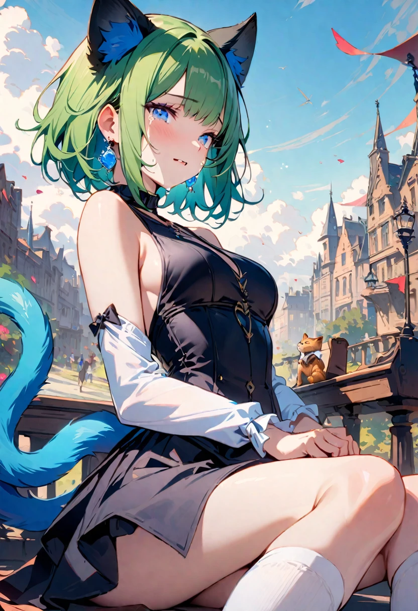 masterpiece, Highest quality, Illustrations for novels, High resolution, 18+ Adult content, Sensual, Intimate, Emotional, Passionate, romantic, sweet, Adorable, Innocent, Pure, Enchanting, Enchantingな, attractive, mysterious, Enchantingな, Enchanting, Immersive, Enchantingな, dream-like, Surreal, Imaginative, Whimsical, Artistic, Avant-garde, timeless, elegant, Sophisticated, chic, Sophisticated, Individuality, original, Enchantingな,One girl,Deltamon_beta, alone, blue eyes, Knee socks, Animal ears, Bare shoulders, Blue Tail, Earrings,Removable sleeves, Green Hair, No sleeve, Cat ear, bag, white Knee socks, Cat's Tail,pink backpack,Pink school bag,Lavender lace: A Cheetah in Peter Pan color/A cheetah/Cheetah Dress, Paired with ivory tights and Mary Jane shoes.,Cherry-blossom viewing, azalea, satsuki, azalea blizzard,
rest ((Avoidance method ((kitten)), Crying face))