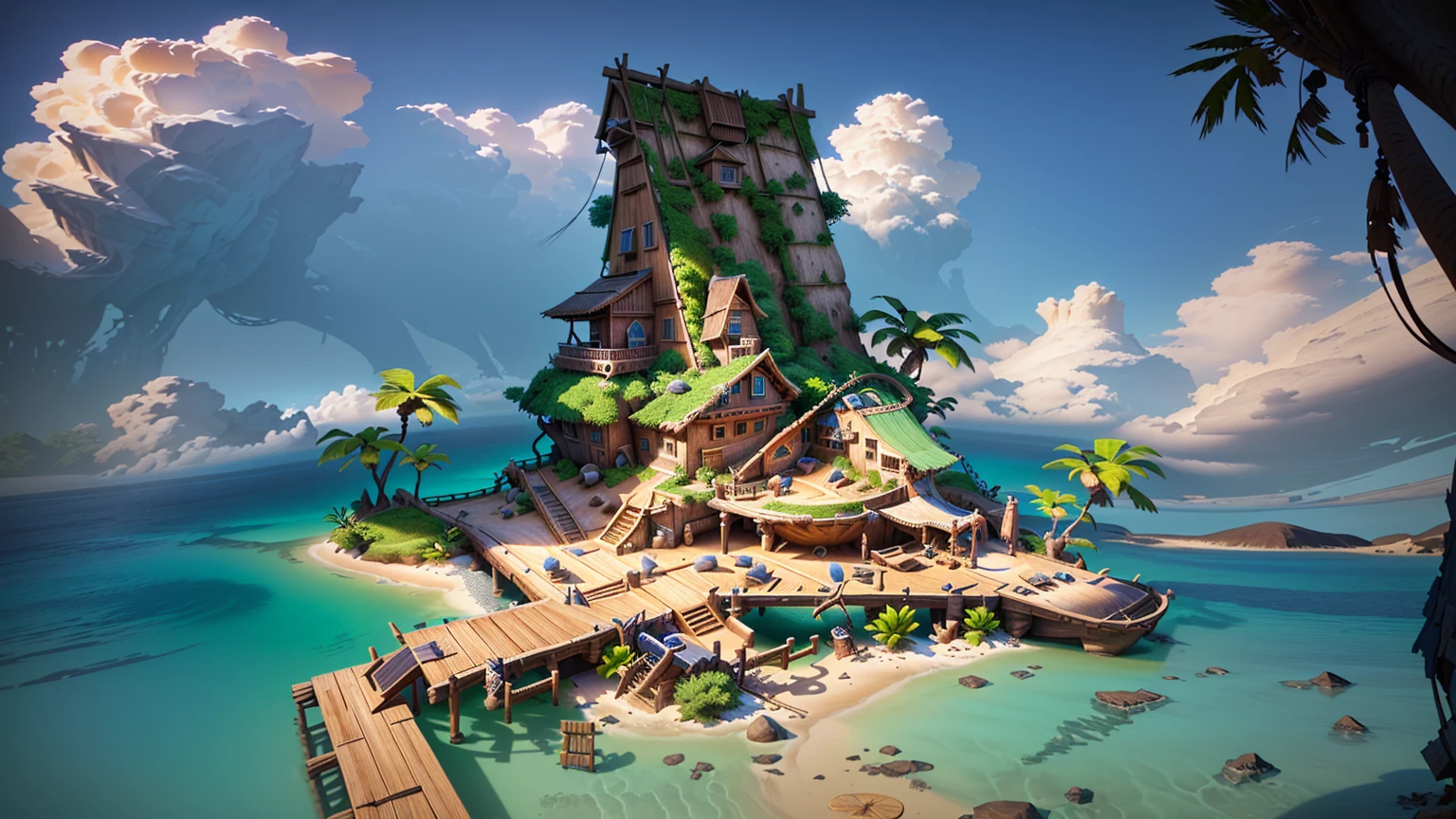 Alafid Island with a wooden bridge and a small house, 3D rendering style, stylized concept art, Depicted as game concept art, Concept art is very detailed, Roland Zilvinsky 3D Rendering Art, Stylized 3d rendering, Created by senior environment artists, environment design illustration, Concept art style, Detailed digital concept art, Concept Art Illustration