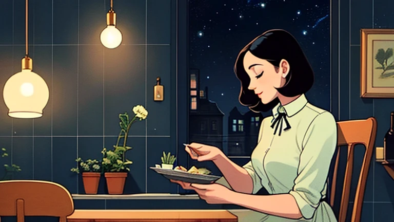 Late at night, a Beautiful woman in her 30s with black hair tied is sitting on the chair with her eyes closed in a stylish kitchen. Cozy wallpaper, Gwydz style artwork, LOFI girls, trending at cgstation, relaxed mood, nightcore, cozy, night, wide glass windows, starry sky, table, chair, fridge, sink, blouse, and she was the only one in the room. beautiful flower. Plants, 2D style animation, looking down.Well-proportioned face, Outside the window is a pitch black starry sky, purple wall, kitchen is dimly,