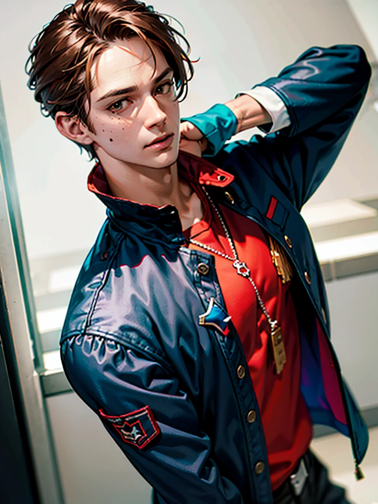 a 35 year old man ((red short hair)), grey eyes, moles all over the body, wearing an official uniform, portrayal of masculinity, teacher, medic, (best quality,4k,8k,highres,masterpiece:1.2),ultra-detailed,(realistic,photorealistic,photo-realistic:1.37),cinematic lighting,highly detailed face and body,sharp focus,vivid colors, anime style