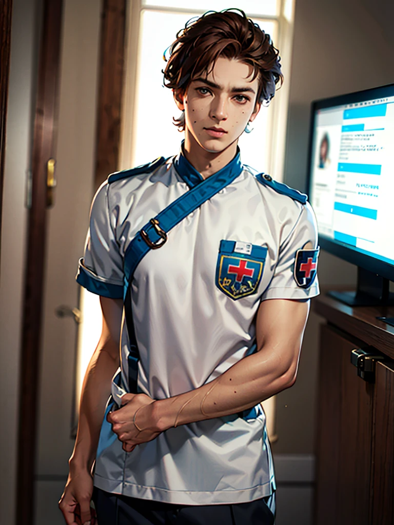 a 35 year old man ((red short hair)), grey eyes, moles all over the body, wearing an official uniform, portrayal of masculinity, teacher, medic, (best quality,4k,8k,highres,masterpiece:1.2),ultra-detailed,(realistic,photorealistic,photo-realistic:1.37),cinematic lighting,highly detailed face and body,sharp focus,vivid colors, anime style