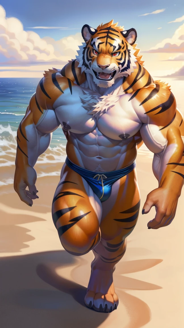 solo,anthro,furry,furry male,Orange Tiger,((fluffy fur,fluffy,furry body)),Tiger), Orange body,red eyes,black ,tail,detailed fluffy fur,detailed face,detailed eyes, big chest, big abs, (huge pectorals:1.2),bare chest,(nipples),full body,speedos,dynamic pose,(by null-ghost,by raccoon21,masterpiece,high quality,hi res,8k hd),jogging ,,fullbody-view ,looking at viewer,ambient light, on a beach,open mouth,angry,manly.