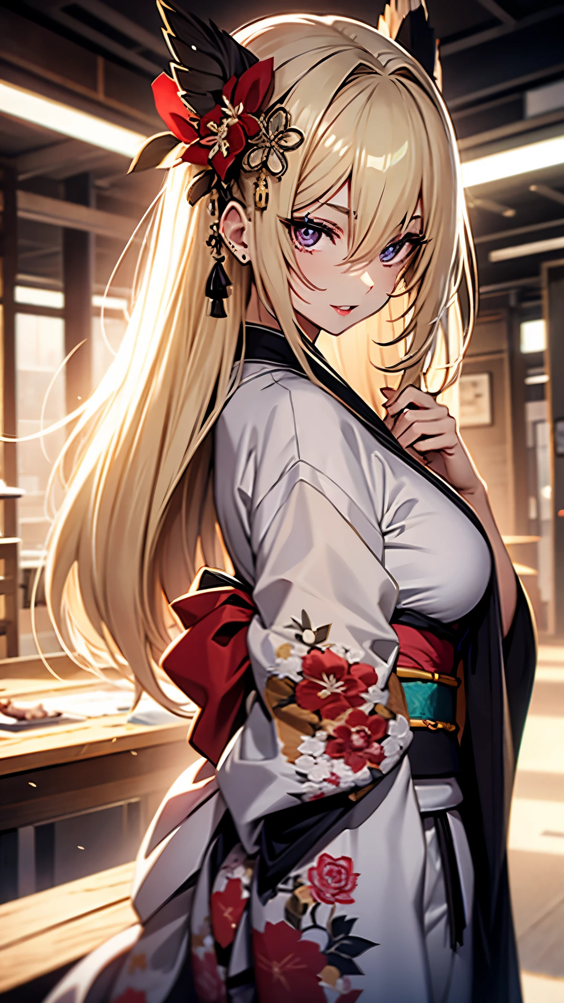 (1girl:1.3), Masterpiece, Best quality, amazing beauty, [[3D]], 4K, absurdres, finely detail, super detailed eye, perfect anatomy, official art, cinematic lighting, BREAK, sandy beach, silky long hair, silky straight hair, blonde, super shiny detailed black eye, big eyes, cute eyes, thick eyebrow, Looking at Viewer(camera), Looking Back, open-mouth, full lips, Eyeliner, False eyelashes, red lips, hairpin, happy face, BREAK , big breasts, tall, slender, glistening skin, arms behind back, cowboy shot, BREAK , , BREAK,(kimono:1.3)