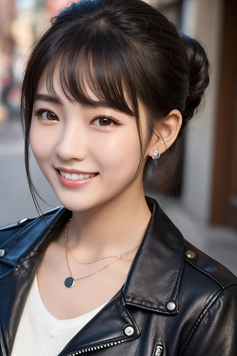 Beautiful Young Woman of the Year、 Korean women、Black Hair、Hairstyle: Bun、Necklace around the neck、leather jacket、shirt、smile, Beautiful teeth alignment、Intricate details, Very detailed:1.2), 、 Looking into the camera,The background is the town、ear piercing

