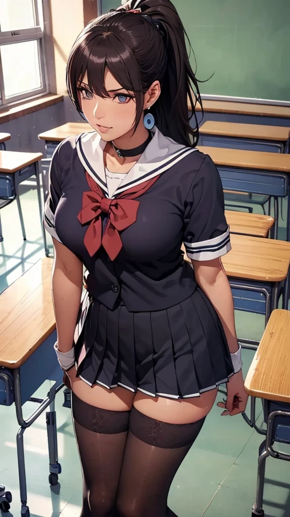 (((highest quality, High resolution, , Pixel Perfect, 4K))),((Correct Anatomy))、((School classroom))、((school uniform))), ((highest quality)), ((Complex and detailed)), ((Black knee-high socks)), ((Mini Pleated Skirt))、An absurd solution, Mature Woman, Mature Woman, perspective, Very detailed,(((school uniformコスプレ)))、Great style、(Long Hair)、glamorous、Sailor suit、mini skirt、black tights、(((The whole body is visible))), One Woman, ((ponytail)), Perfect hands, Detailed fingers, Beautiful details,  Black choker, Earrings, Black Stockings, Perfect Eyes, Seductive eyes