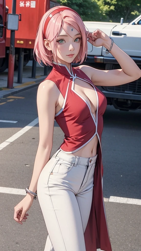 There is a pink-haired woman posing on a balcony., haruno sakura, Sakura Haruno, Her belly button is exposed, Big Breasts、Cleavage、hair band、Green Eyes、double eyelid、Real person、 Ayaka Cosplay, Anime Girl Cosplay, Pale red, exposed abdomen, Real life anime girls、smile、Open your mouth、smile