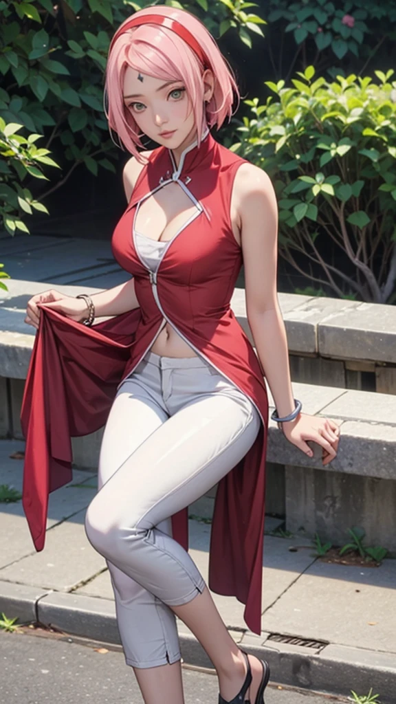 cleavage, a cute girl,perfect face, medium breasts,detailed background,extremely detailed cg unity 8k wallpaper,highres,shiny skin,slim waist,haruno sakura,forehead mark, red hairband, red sleeveless dress,bare navel, white pants, bracelet, outdoors, fullbody,