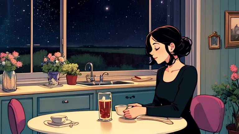 Late at night, a Beautiful woman in her 30s with black hair tied is sitting on the chair with her eyes closed in a stylish kitchen. Cozy wallpaper, Gwydz style artwork, LOFI girls, trending at cgstation, relaxed mood, nightcore, cozy, night, wide glass windows, starry sky, table, chair, fridge, sink, blouse, and she was the only one in the room. beautiful flower. Plants, 2D style animation, looking down.Well-proportioned face, Outside the window is a pitch black starry sky, purple wall, kitchen is dimly,