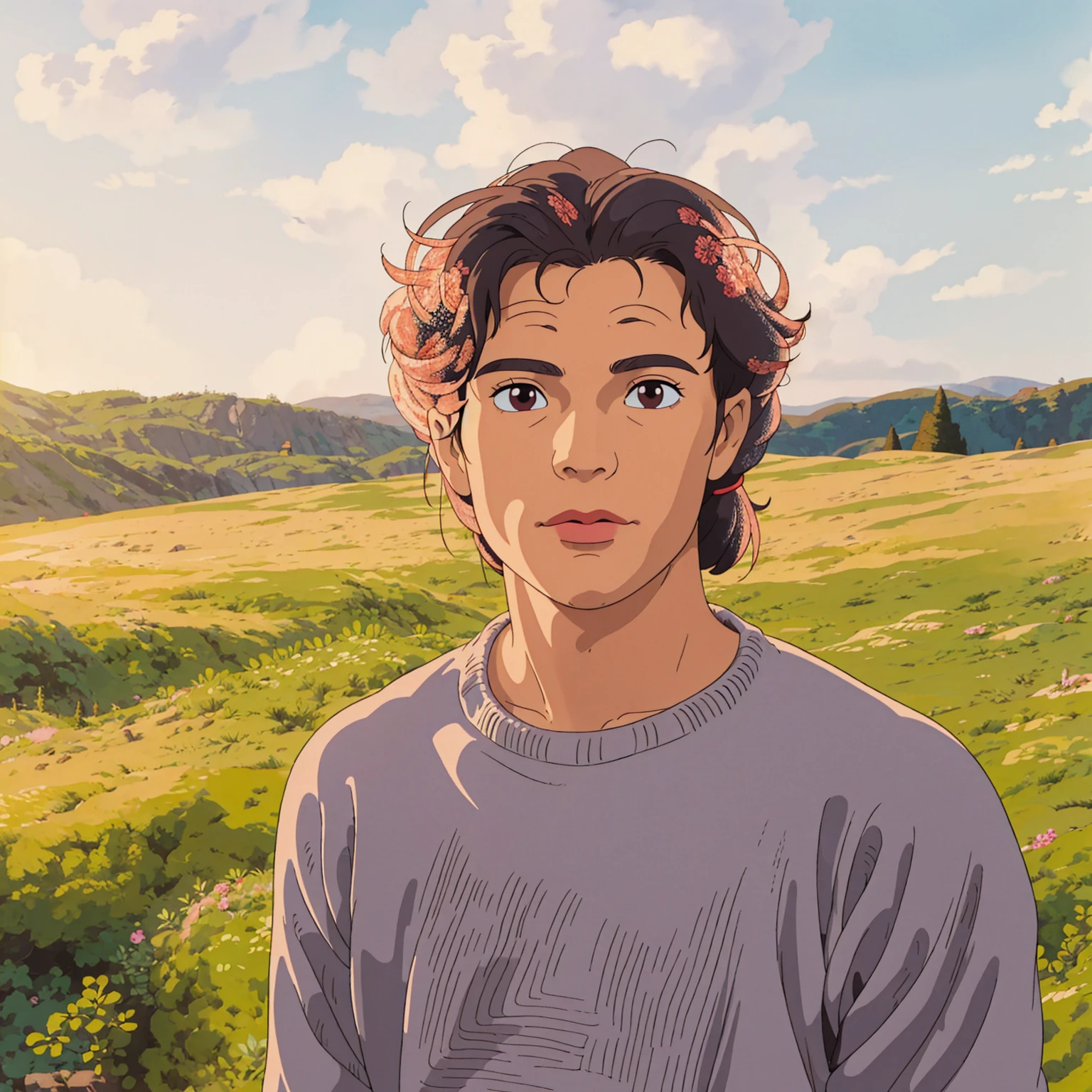 A man wearing a grey knitted sweater poses for a photo, Beautiful Latin face, Ghibli style, ((masterpiece)),((best quality)),(detailed),illustration,8K,rich and colorful, High contrast