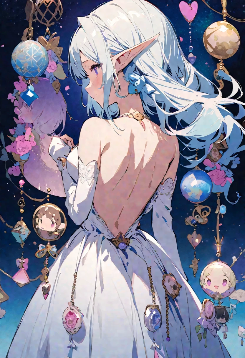 masterpiece, highest quality, Illustration of the novel, High resolution, 18+ Adult content, Sensual, Intimate, Emotional, Passionate, romantic, sweet, Adorable, Innocent, Pure, Charmな, Charmな, Charm, Mysterious, Charmな, Charmな, Immersive, Charmな, dream-like, Surreal, Imaginative, Whimsical, artistic, Avant-garde, timeless, elegant, Sophisticated, chic, Sophisticated, personality, original, Charmな,((Loli Elf:1.3)),((Back view:1.3))、Upper Body、(Little)