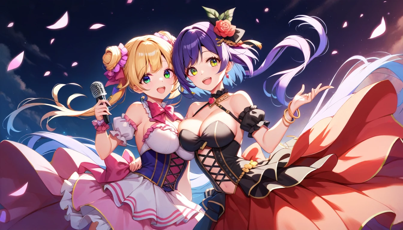 two girls singing a duet, ((2girls:1.3)), ((moe style:1.3)), ((idol outfit:1.3)), microphone, dancing, singing, cuddling, ((large breasts:1.3)), ((centerfold:1.3)), ((extremely feminine:1.3)), perfect hands, ((perfect face)), ((extremely cute:1.3)), ((masterpiece)), ((8k)), ((best quality)), ((beautiful)), ((extremely detailed:1.3)) , ((absurdres)), AddXL, ((score_9:1.3)), ((score_8_up:1.3)), ((score_7_up:1.3)),
