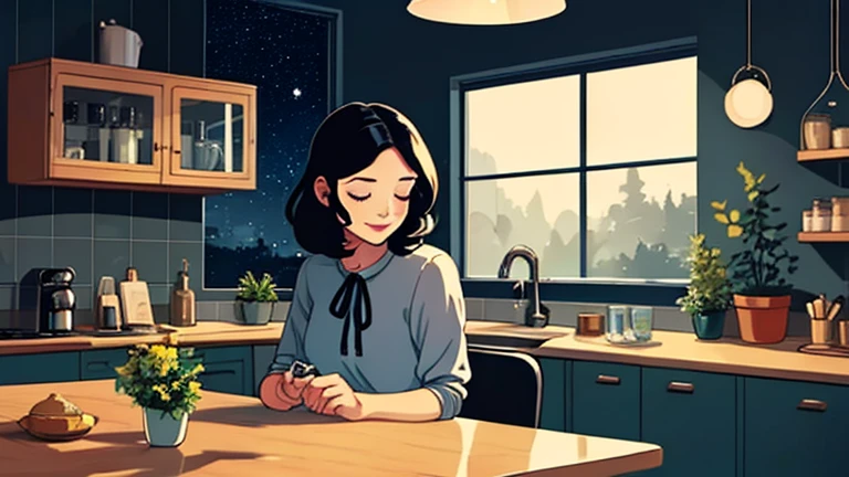 Late at night, a Beautiful woman in her 30s with black hair tied is sitting on the chair with her eyes closed in a stylish kitchen. Cozy wallpaper, Gwydz style artwork, LOFI girls, trending at cgstation, relaxed mood, nightcore, cozy, night, wide glass windows, starry sky, table, chair, fridge, sink, blouse, and she was the only one in the room. beautiful flower. Plants, 2D style animation, looking down.Well-proportioned face, Outside the window is a pitch black starry sky, purple wall, kitchen is dimly,