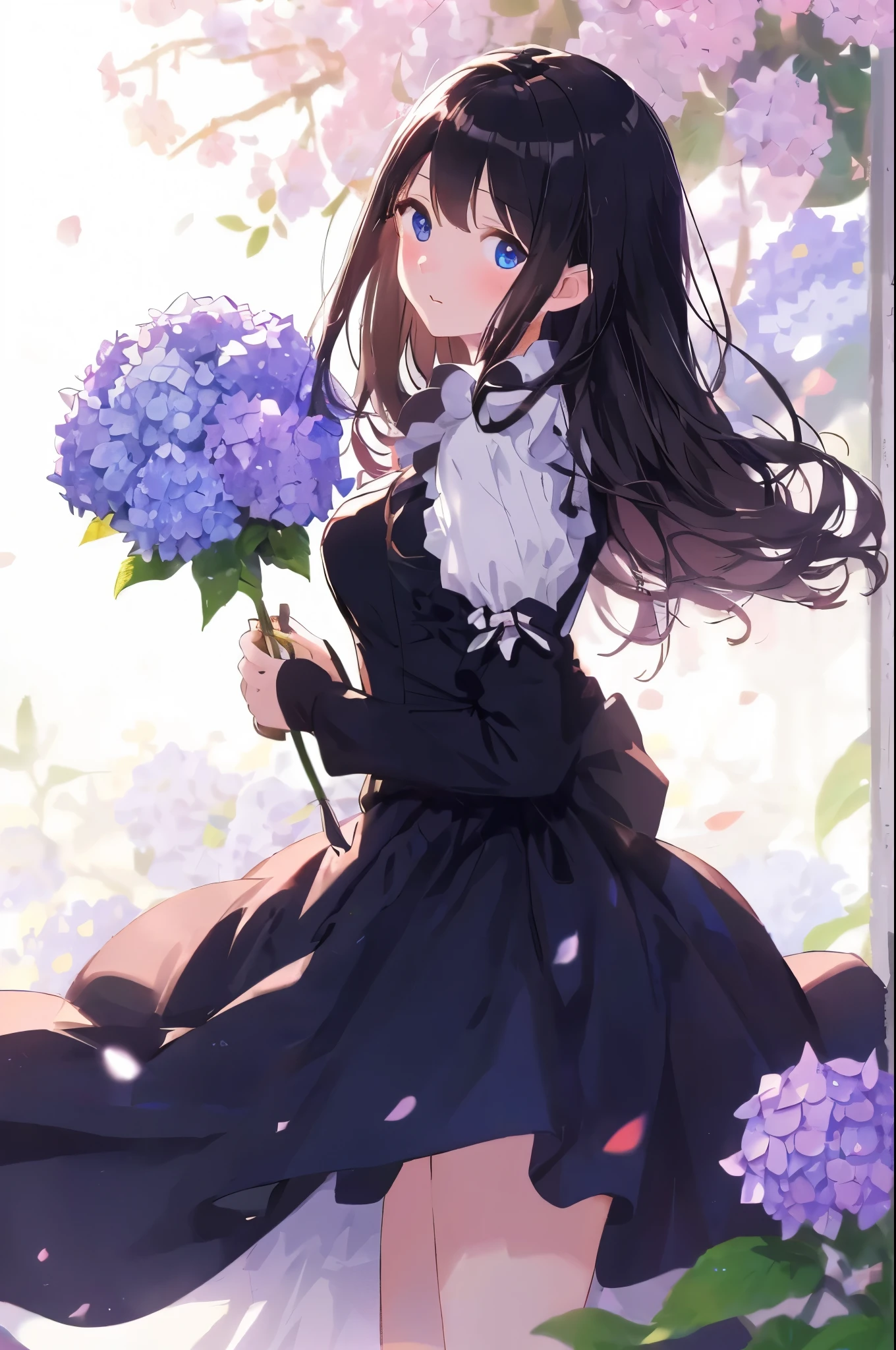 best quality, masterpiece, (solo:1.2), (1 Female:1.2)、Age 25、Larger breasts、(Slender figure)、(Maidスタイル)、Maid、(from side)、Thighs、(White highlight in pupil:1.2)、Dark blue eyes、(Black-haired:1.2)、(Long Hair)、(View your viewers:1.2)、White skin、(blush)、(Embarrassed expression)、Wooden veranda、(I blur the background a lot to make the woman stand out.:1.3)、(The sunlight shines in)、(Half backlight)、(Beautiful hydrangea flowers for background)、(Front blur)、(I see a rainbow in the distance)