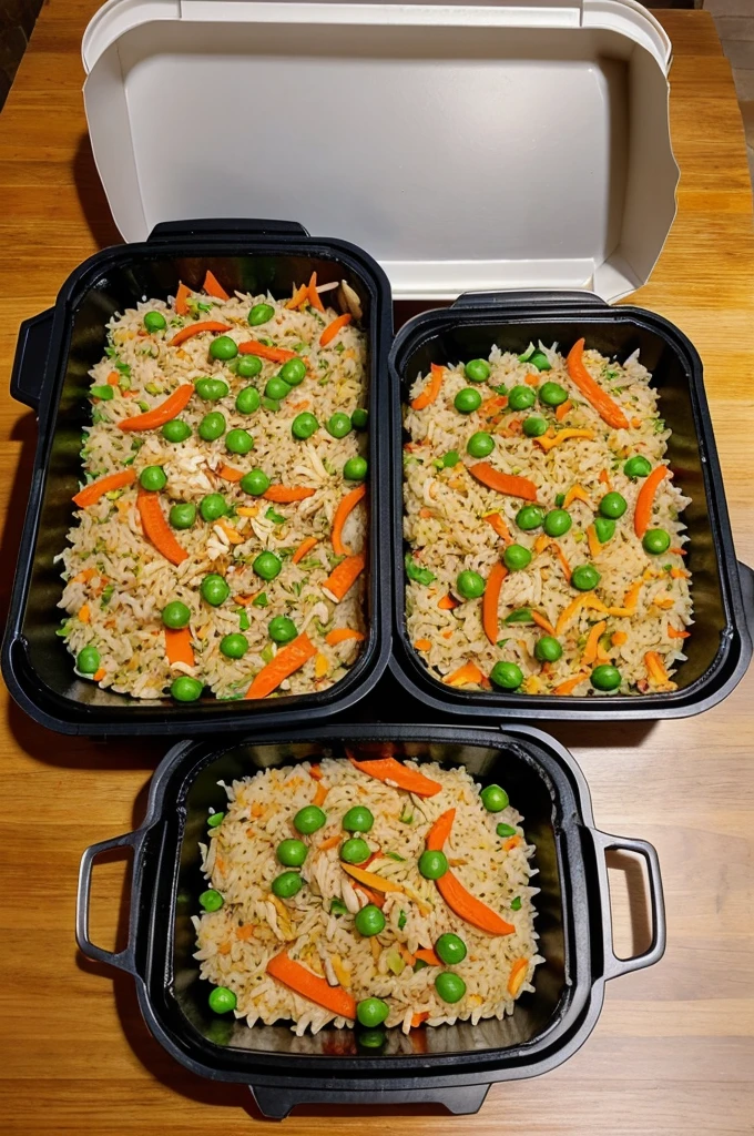 Certainly! Here is a prompt you can use to generate images of fried rice with small pieces of chicken and vegetables in a box:

---

**Prompt for an AI Image Generator:**

"Create an image of a delicious serving of fried rice in a takeout box. The fried rice should include colorful vegetables like carrots, peas, and bell peppers, as well as small, appetizing pieces of chicken. The presentation should be appealing and make the viewer hungry. The takeout box can be a classic white Chinese takeout container with a metal handle."

---

If you're using a text-to-image AI tool, inputting this prompt should give you the desired result.
