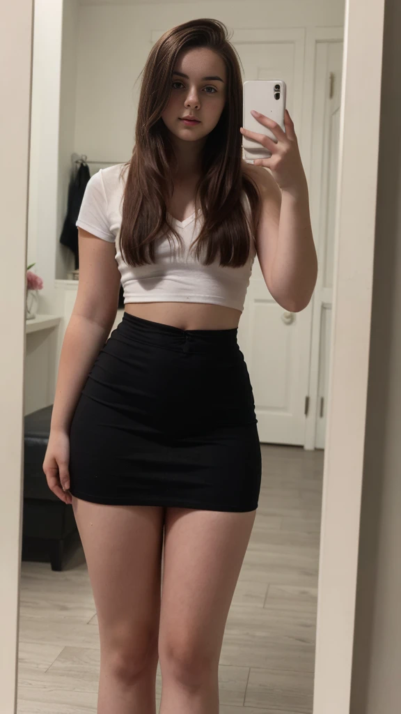 RAW photo, photo of 25 year old woman, (long brunette hair), short skirt, cotton v neck shirt, standing indoors, mirror selfie, pale white skin, freckles, blemishes, lipstick, ((short height, broad shoulders, wide hips)), ((chubby:1.3)), pawg, thicc