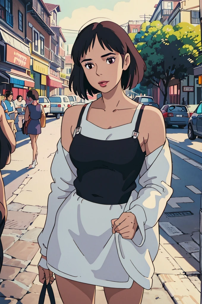 A woman poses for a photo wearing a black suspender, Beautiful Latin face, Ghibli style, ((masterpiece)),((best quality)),(detailed),illustration,8K,rich and colorful, High contrast