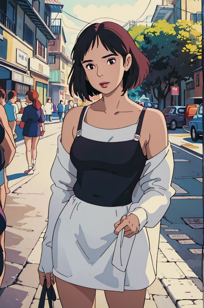 A woman poses for a photo wearing a black suspender, Beautiful Latin face, Ghibli style, ((masterpiece)),((best quality)),(detailed),illustration,8K,rich and colorful, High contrast