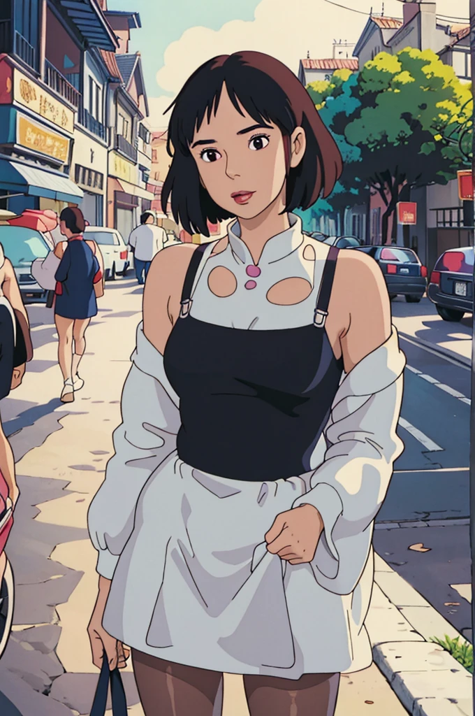 A woman poses for a photo wearing a black suspender, Beautiful Latin face, Ghibli style, ((masterpiece)),((best quality)),(detailed),illustration,8K,rich and colorful, High contrast