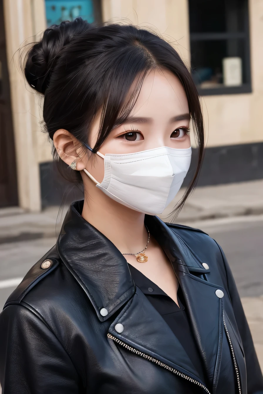 Beautiful Young Woman of the Year、 Korean women、Black Hair、Hairstyle: Bun、Necklace around the neck、leather jacket、shirt、Mask on mouth、Intricate details, Very detailed:1.2), 、 Looking into the camera,The background is the town、ear piercing