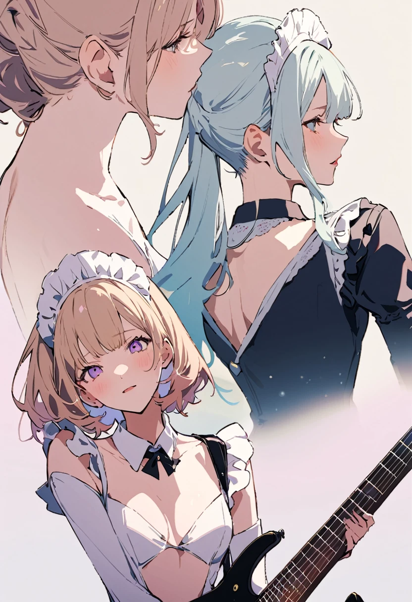 ((Back view)),masterpiece, highest quality, Illustration of the novel, High resolution, 18+ Adult content, Sensual, Intimate, Emotional, Passionate, romantic, sweet, Adorable, Innocent, Pure, Charmな, Charmな, Charm, Mysterious, Charmな, Charmな, Immersive, Charmな, dream-like, Surreal, Imaginative, Whimsical, artistic, Avant-garde, timeless, elegant, Sophisticated, chic, Sophisticated, personality, original, Charmな,((Maid clothes:1.3)),(guitarist:1.3)、Female Band、live、((Upper Body:1.3))