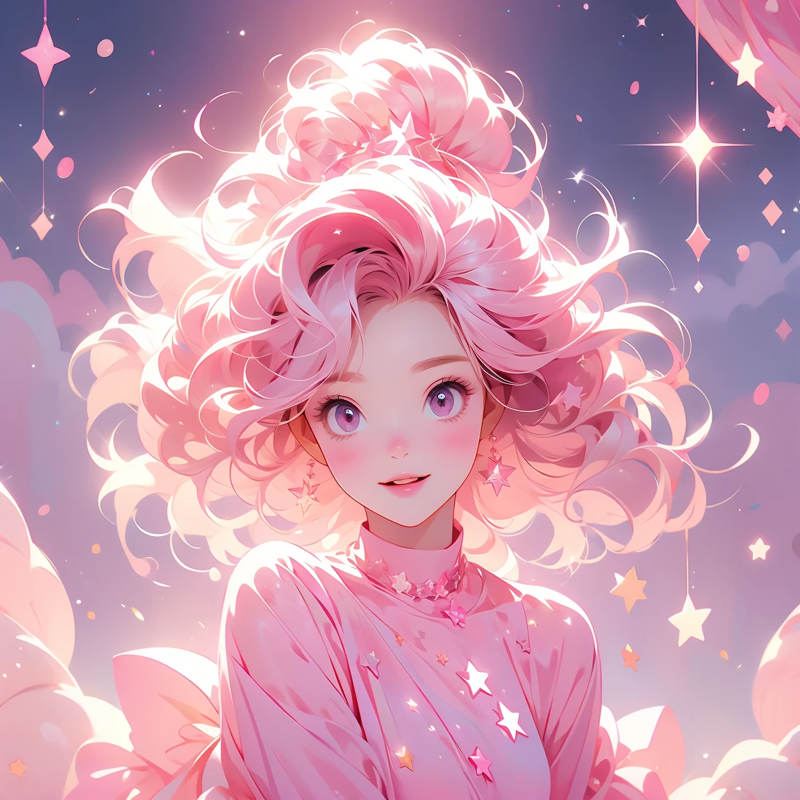 Pink fantasy background,Pink clouds surrounding,Star,Pentagram,Lucky girl,Pixar style,Pink background as the main body,Hair smoothness,Hair with softness,Warmth,optimistic and cheerful ,Motivated,happiness。