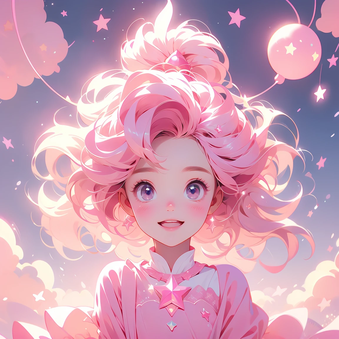Pink fantasy background,Pink clouds surrounding,Star,Pentagram,Lucky girl,Pixar style,Pink background as the main body,Hair smoothness,Hair with softness,Warmth,optimistic and cheerful ,Motivated,happiness。
