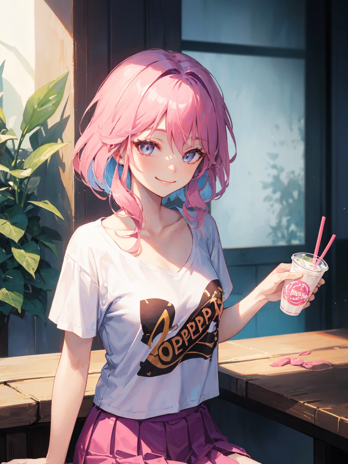 anipoma1,(masterpiece, best illustration, best manga), solo, 1girl, violet eyes, (shiny skin, soft hair), (holding a milkshake), (bright pink two tone hair:1.3), detailed collarbone, (wearing a led zepplin tshirt, pleated skirt), (extreme light and shadow, volumetric lighting, rim lighting), (daylight:.5), (rainbow lights, light leak), (seductive, smirk), (solo), mangadusk1, manwha1