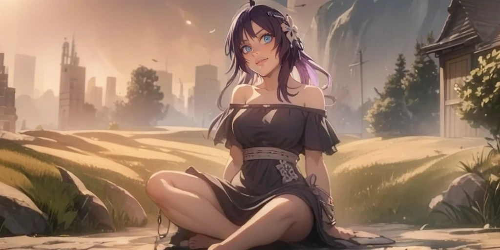 MC, ahoge, (long hari, purple hair:1.3), hair ornament, dark-blue eyes, breasts, epic art, fantasy, 1girl, grass, solo, barefoot, sitting, breasts, mountain, sunset, dress, bare_shoulders, outdoors, looking_at_viewer, off_shoulder, field, sky, lake, collarbone, mountainous_horizon, indian_style, twilight, tree, black_dress, large_breasts, scenery, medium_breasts, feet, off-shoulder_dress, (bokeh:1.3), rock, hollow eyes, bright pupils, dark-blue eyes, looking at viewer. (glowing eyes:1.3), heavy breathing, smirk, upper teeth, 