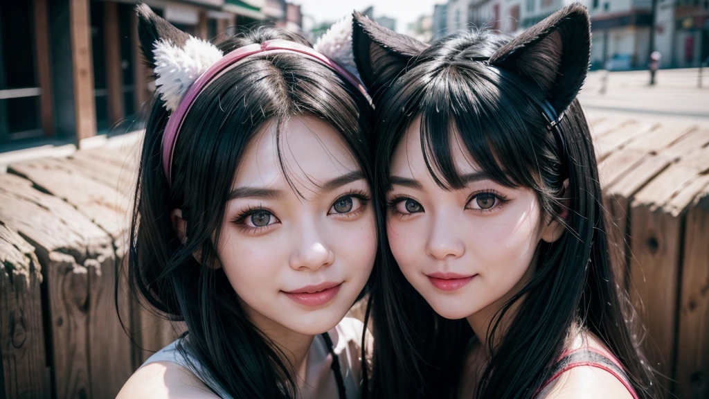 black hair, hair bobbles, wince, longeyelashes, solid circle eyes, colored inner hair, fake animal ears, light smile, ear blush, fang, ccurate, Surrealism, drop shadow, anaglyph, stereogram, tachi-e, pov, atmospheric perspective, 8k, best quality, UHD