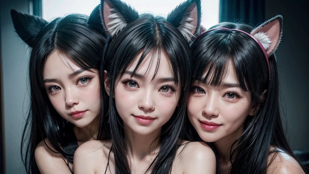 close up of two sexy anime like cat ears girls in the street, breasts, animal ears, navel, long hair, looking at viewer, outdoors, lips, parted lips, nipples, cat ears, black hair, pussy, bangs, choker, blue eyes, public indecency, open mouth