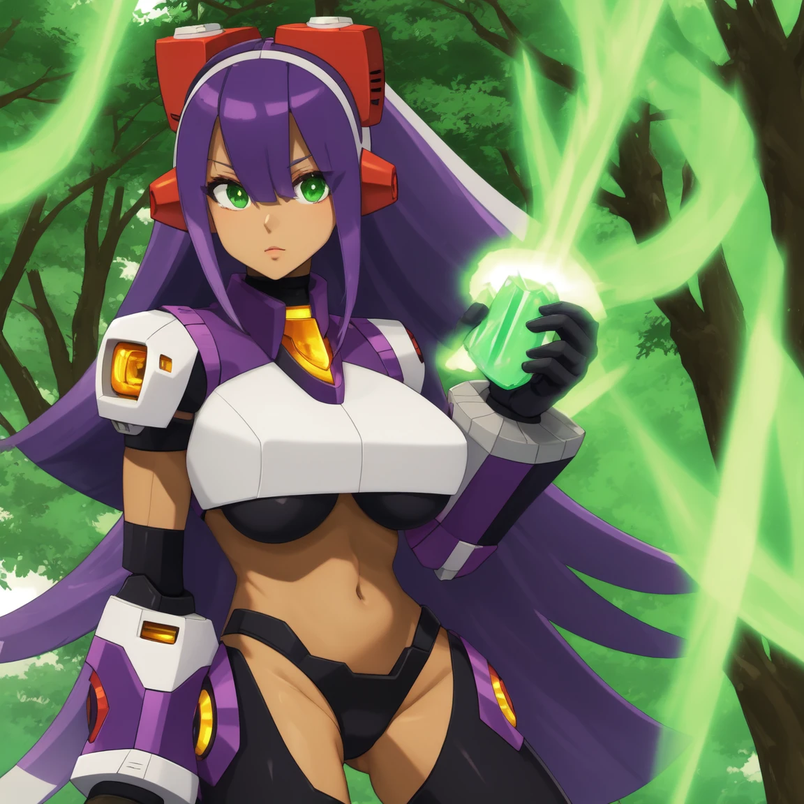 layer_megamanx, 1girl, solo, long hair, purple hair, green eyes, blunt bangs, hair over eyes, large breasts, dark skin, dark-skinned female, android, underboob, robot ears, high quality, masterpiece, standing with green flames coming from a tree