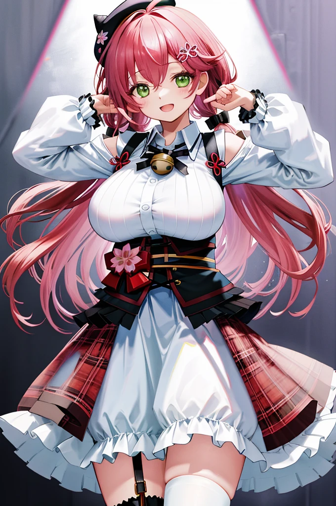 masutepiece, Best_Quality, hight_resolution, miko2,Ponytail, 1girl, Green eyes, Ahoge, black headwear, Hair Ornament, White shirt, black thighhighs, Pink hair, Red_skirt, very_short_skirt, plaid skirts, garter_strap, Collared shirt, hair clips, frilld, Bangs, hair between eye, frills skirt, beret, Pleated skirt, Hair Flower, Neck bell, , puffy long sleeves, Black bow, Underbust, Cowboy Shot,Smile, (gigantic_breasts:1.3),covered_nipples, covered_pussy,close_eyes, happy, childlike_posing,spread_legs,smile,