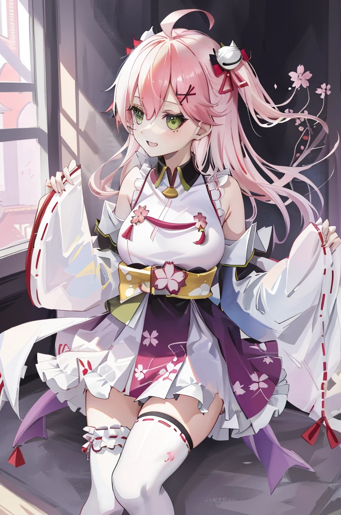 masterpiece, best quality, highres, miko1, sakura_miko, 1girl, big_boobs, solo, ahoge, x_hair_ornament, pink_hair, floral print, hairclip,(side_less_clothes:1.5), (side_boobs:1.5), hair_bell, floral print, long_hair, hair between eyes, one side up, white thighhighs, asymmetrical legwear, wide sleeves, open_mouth,(happy:1.3),green_eyes,big_smile,(raise_leg:1.3),plump,apart_legs,(overly_long_sleeves:1.3),),sleeves_past_wrists,hands_hidden_sleeves,sidelock_clothes,solo,hidden_wrists,(XD:1.5),covered_nipples,plump,sunlight,(bare_flank:1.3)