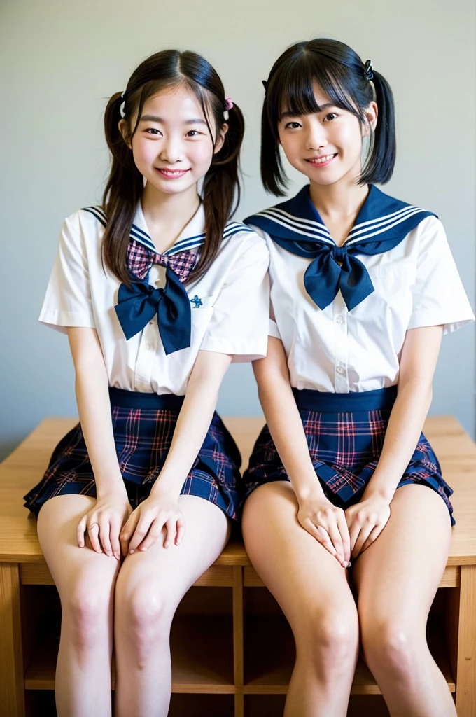 2 girls on desk in wooden school classroom,white shirt with sailor collar,white speedo briefs with navy blue frills,pink plaid bow tie,18-year-old,bangs,a little smile,bare thighs,knees,legs apart,short hair with low pigtails,from before,front light