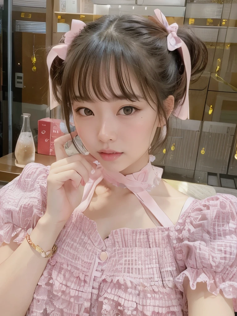 There&#39;s a woman with a pink bow on her head talking on her cell phone, Ulzzang, kawaii retrato realista, ****** kawaii bonito, bonito rosto de anime natural, linda Delphine, maquiagem sul-coreana popular, maquiagem coreana popular, ****** bonito-fino-cara, beautiful aesthetic face, maquiagem macia, Rosto bonito das ******s japonesas, muito bonita gatinha fofa