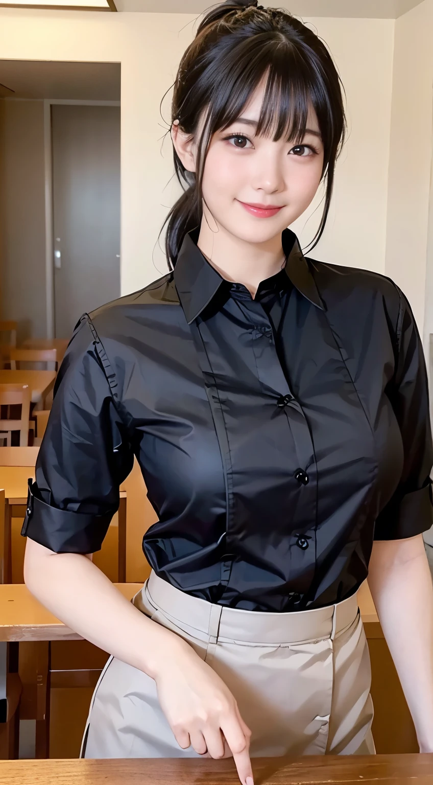 (highest quality,masterpiece:1.3,Ultra-high resolution,),(Very detailed,Caustics),(Realistic:1.4,RAW shooting,)Ultra-Realistic Capture,Very detailed,High resolution 16K human skin closeup。 Natural skin texture、,pores、、、、It must be detailed enough to be easily identifiable。 Skin tone is even and healthy looking。 Use natural light and color,restaurant,Waitress Uniform,1 girl,Japanese,18-year-old,cute,Black-haired,ponytail,Big Breasts,smile,Turn your body forward,(Front view:1.1),Looking into the camera,Cowboy Shot,