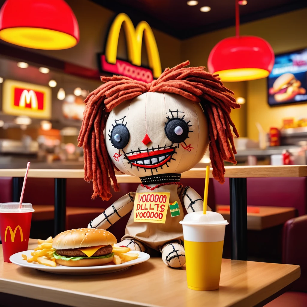 (knitted toy voodoo doll:1.8), sits at a table in a McDonald's restaurant, holds a large burger with filling in her hands, in front of her is a tray with French fries and a drink, around is the atmosphere of fast food with McDonald's logos, a joyful expression on her face, the background is a bright and colorful interior of the restaurant, best quality, masterpiece, soft oil painting, detailed background, dramatic cinematic lighting, soft edge lighting, professional, dramatic lighting, hard edge lighting, ultra quality, 4k, masterpiece, best quality, 8k, super high definition, high de