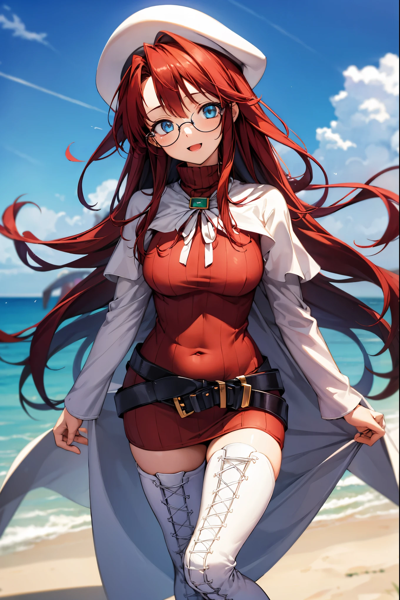 summonnightaty, aty, (young:1.3),long hair, blue eyes, red hair, big_tits, hat, glasses,
BREAK long hair, thighhighs, hat, dress, naked_legs, glasses, belt, cape, sweater, zettai ryouiki, beret, thigh boots, white footwear, ribbed sweater, loose belt,solo,
BREAK outdoors, fantasy,on_beach,
,Highquality_hads,perfect_fingers,
BREAK (masterpiece:1.2), best quality, high resolution, unity 8k wallpaper, (illustration:0.8), (beautiful detailed eyes:1.6), extremely detailed face, perfect lighting, extremely detailed CG, (perfect hands, perfect anatomy),covered_nipples,covered_navel ,half_eyes,long_sword,sleepy,red_sweater,apart_knees,magical_effect,spread_legs, have_a_book,teacher,rise_knee,Smile,rise_hand,look_down_viewer,spread_arms,sea​_waves,looking_into,blue_sky,plump,open_mouth, dynamic_posing,solo,