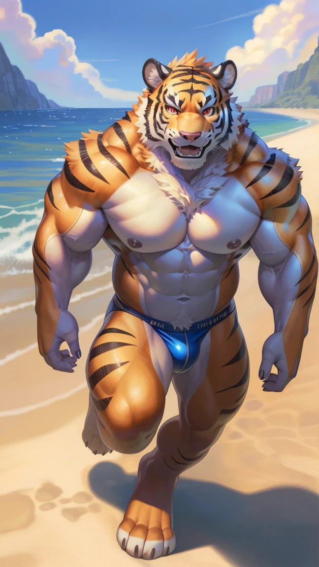 solo,anthro,furry,furry male,Orange Tiger,((fluffy fur,fluffy,furry body)),Tiger), Orange body,red eyes,black ,tail,detailed fluffy fur,detailed face,detailed eyes, big chest, big abs, (huge pectorals:1.2),bare chest,(nipples),full body,speedos,dynamic pose,(by null-ghost,by raccoon21,masterpiece,high quality,hi res,8k hd),jogging ,,fullbody-view ,looking at viewer,ambient light, on a beach,open mouth,angry,manly.