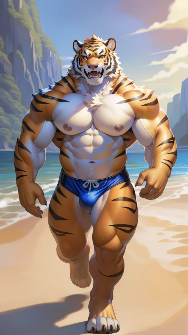 solo,anthro,furry,furry male,Orange Tiger,((fluffy fur,fluffy,furry body)),Tiger), Orange body,red eyes,black ,tail,detailed fluffy fur,detailed face,detailed eyes, big chest, big abs, (huge pectorals:1.2),bare chest,(nipples),full body,speedos,dynamic pose,(by null-ghost,by raccoon21,masterpiece,high quality,hi res,8k hd),jogging ,,fullbody-view ,looking at viewer,ambient light, on a beach,open mouth,angry,manly.