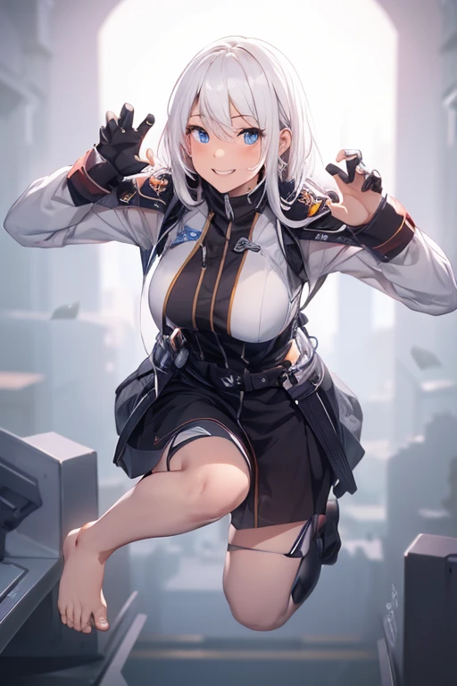 CG, Unity, 8k, wallpaper, highest quality, masterpiece, One girl, Cheerful girl, 17 years old, (Bright smile: 1.2), barefoot, Best lighting, Complex pupil, Complex weaving,Low - Angle,White Hair,Hair covering one eye,whole body,((White background))