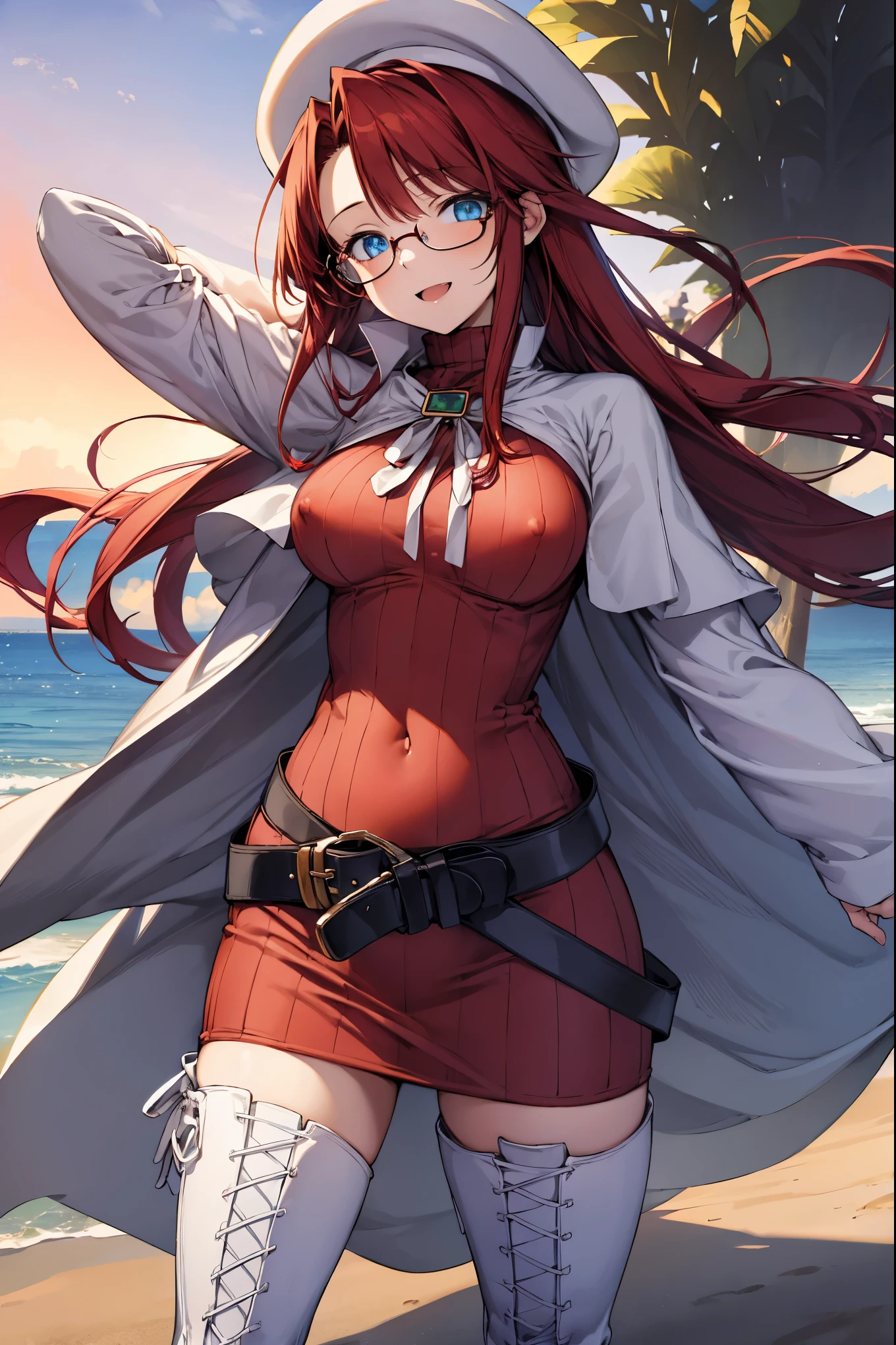 summonnightaty, aty, (young:1.3),long hair, blue eyes, red hair, big_tits, hat, glasses,
BREAK long hair, thighhighs, hat, dress, naked_legs, glasses, belt, cape, sweater, zettai ryouiki, beret, thigh boots, white footwear, ribbed sweater, loose belt,solo,
BREAK outdoors, fantasy,on_beach,
,Highquality_hads,perfect_fingers,
BREAK (masterpiece:1.2), best quality, high resolution, unity 8k wallpaper, (illustration:0.8), (beautiful detailed eyes:1.6), extremely detailed face, perfect lighting, extremely detailed CG, (perfect hands, perfect anatomy),covered_nipples,covered_navel ,half_eyes,long_sword,sleepy,red_sweater,apart_knees,magical_effect,spread_legs, have_a_book,teacher,rise_knee,Smile,rise_hand,look_down_viewer,spread_arms,sea​_waves,looking_into,blue_sky,plump,open_mouth, dynamic_posing,solo,