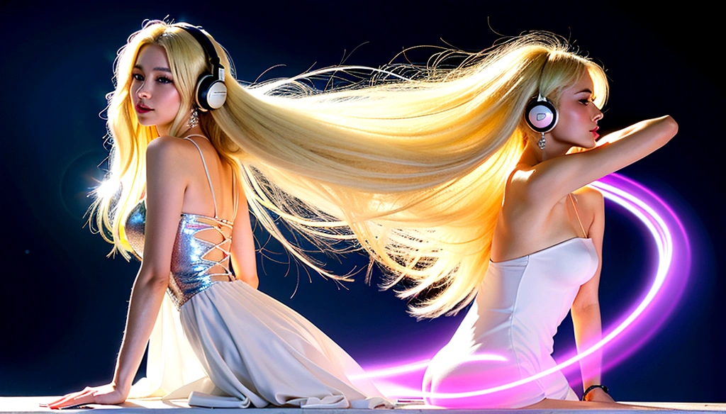 Transparent Prism、sexy pure white dresses、Shoulders are exposed、((Long legs))、((Sparkling accessories))、((Wearing futuristic headphones))、(((Very beautiful blonde)))、trike a Pose)、((sexy))、8k、Best graphics、Light that mixes various colors、、((Shiny Earrings))、The background is the night sky、((Sparkling Eyes))、lame、(((Hair swaying to one side)))、((Glowing Hair))、Full Body、((Strike a Pose))、(((Full Bodyが映る)))、((Oblique profile))、(((Fluttering Hair)))、(((Top Model dj))),((Super long hair))、The background is a white night sky