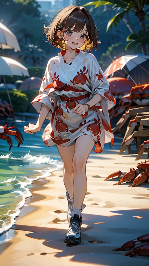 (A busty Malaysian woman, age 30, wearing a hijab and a crab themed bikini) waves a sign trying to get peoples attention for he Crab Shack diner she works at