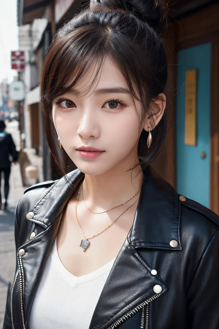 Beautiful Young Woman of the Year、 Korean women、Black Hair、Hairstyle: Bun、Necklace around the neck、leather jacket、shirt、Mask on mouth、Intricate details, Very detailed:1.2), 、 Looking into the camera,The background is the town、ear piercing